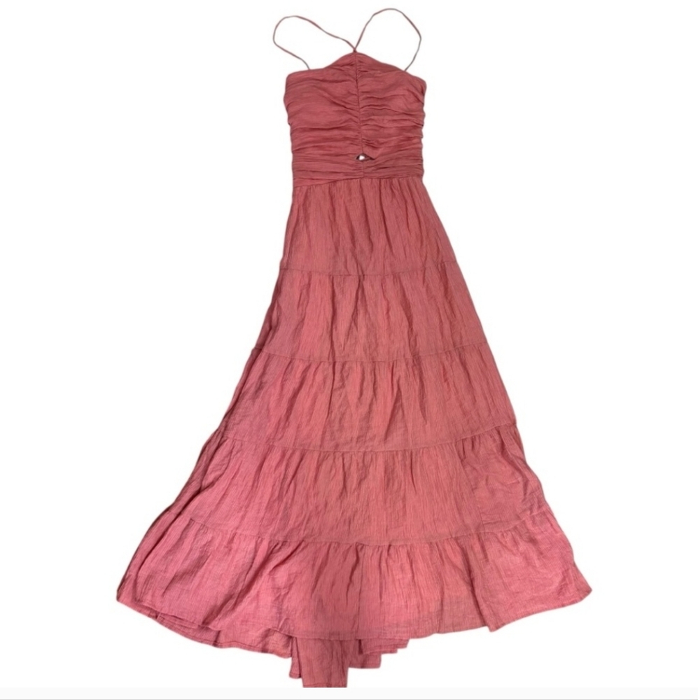 LULUS Effortless Sweetness Rusty Rose Ruched Lace-Up Tiered Midi Dress Sz XL - Picture 2 of 14